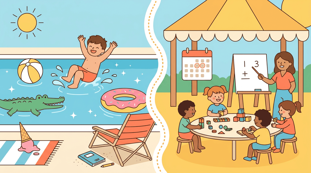 Split scene shows a child playing in a pool while another group learns math outdoors, blending fun and education with warm summer colors.