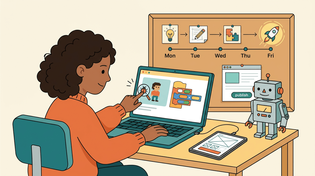 A girl debugs code on a laptop while a robot she built connects to a tablet, with a progress timeline above her desk.