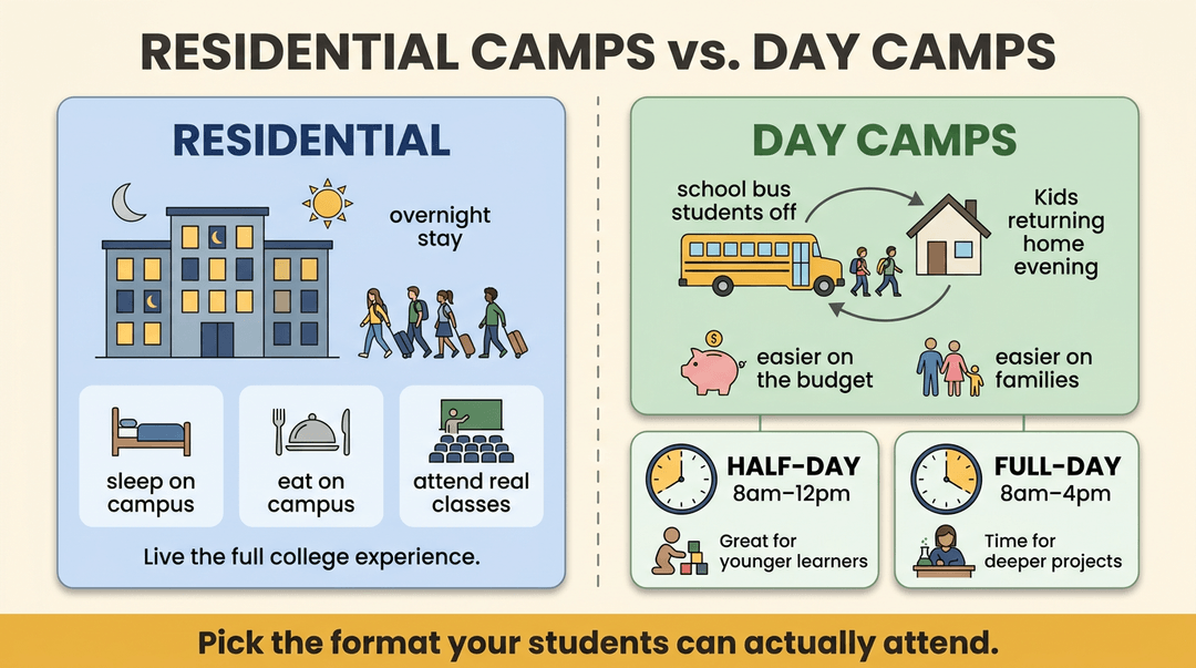 Infographic comparing residential and day camps with sub-cards for half-day and full-day options.