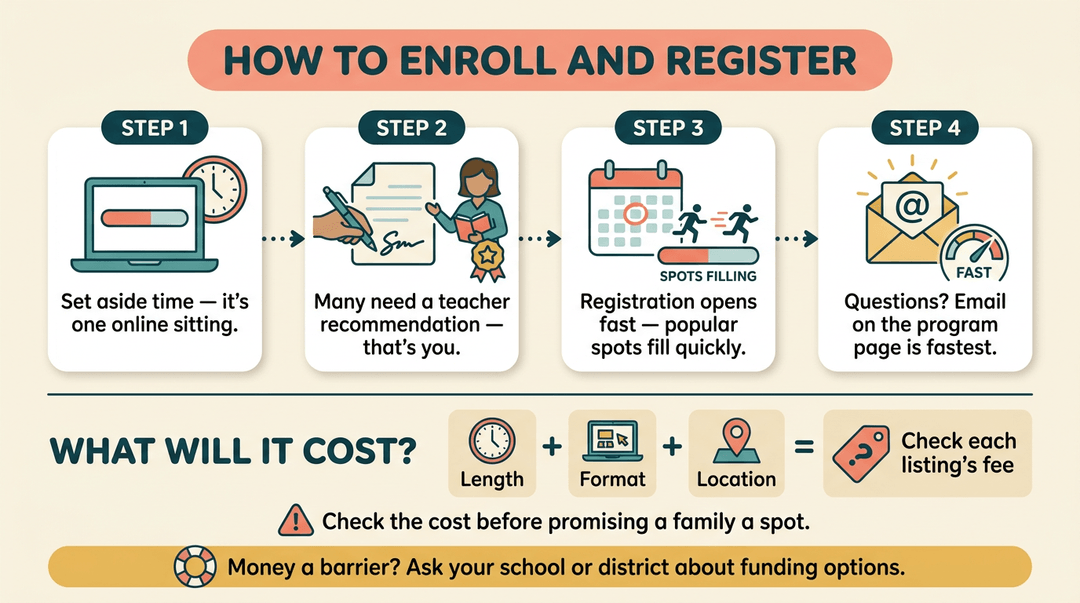 Infographic showing how to enroll in a program and explaining cost factors, including tips on time, recommendations, speed, and funding.