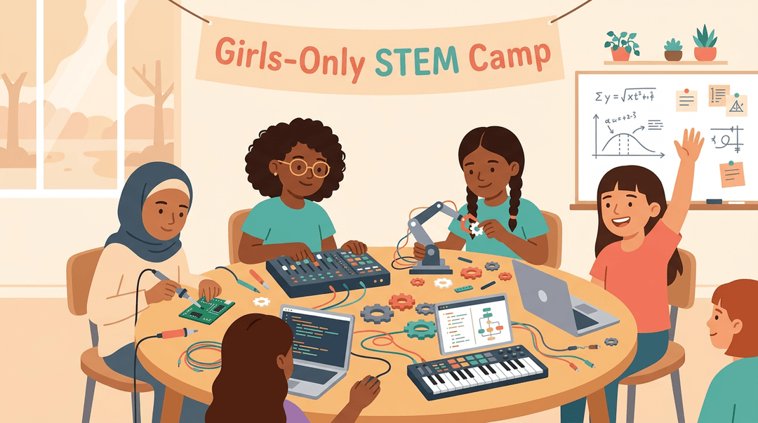 Diverse girls solder, build robots, and mix music at a 'Girls-Only STEM Camp' round table in a warm, supportive room.