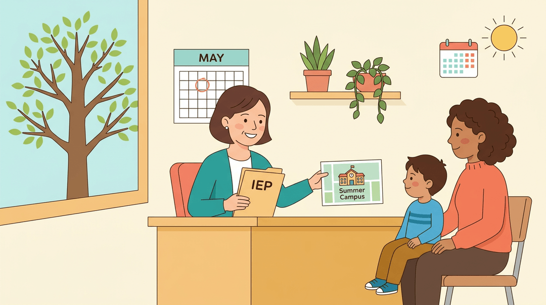 A special education teacher shares a summer campus plan with a parent and child in her office.