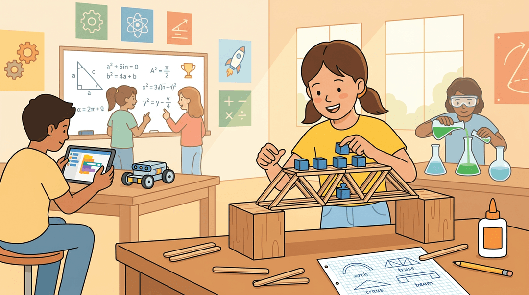 A girl tests a popsicle stick bridge with weights in a busy STEM classroom.