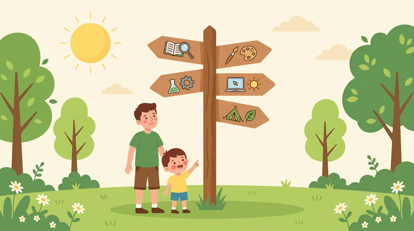 A parent and child explore a park signpost with icons for reading, STEM, art, online learning, and nature school.