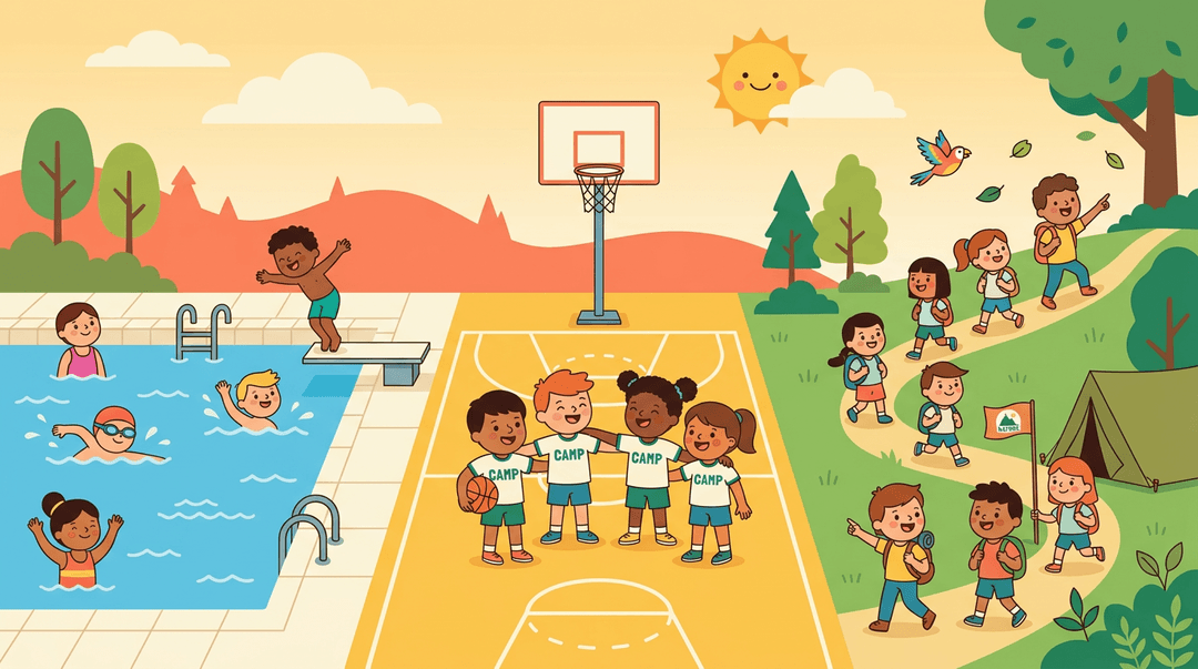 Kids swim, play basketball, and hike at a sunny sports camp in a flat vector illustration.