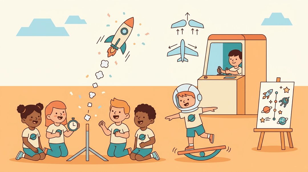 Diverse kids launch a crooked model rocket at space camp, with others practicing balance and flying simulators nearby.