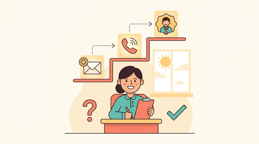 Teacher at a desk with icons showing escalation from email to phone to admin, and a question mark turning into a checkmark.