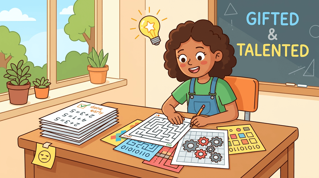 A gifted student engages with logic puzzles instead of repetitive worksheets, showing curiosity and deep focus in a sunny classroom.