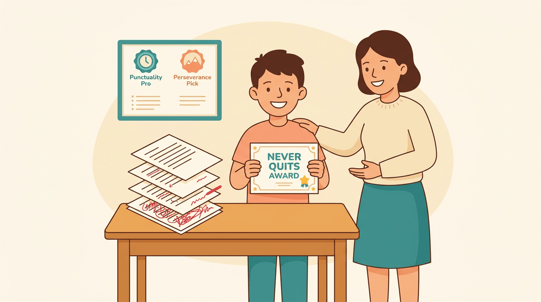 A student holds a 'Never Quits' award while a teacher encourages them beside stacks of revised essays.
