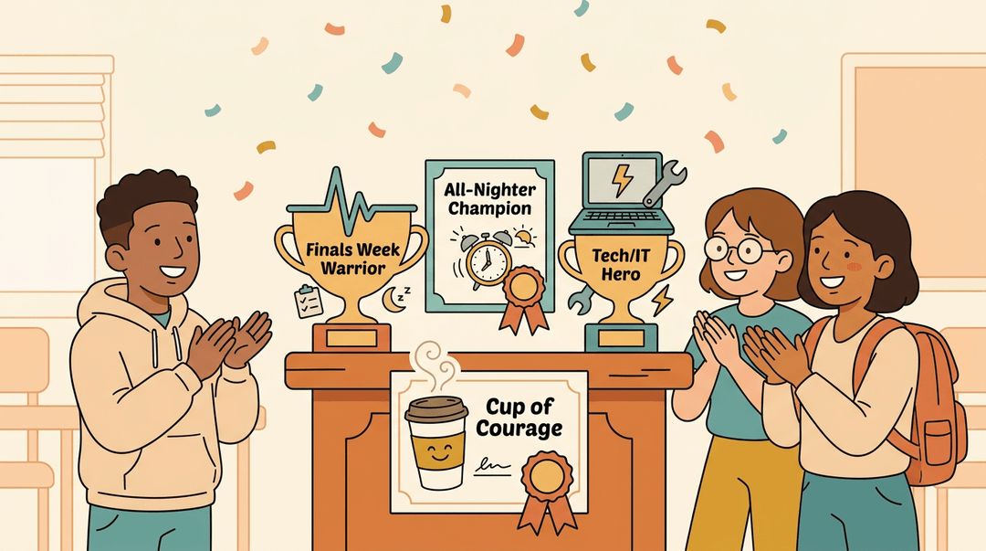 Diverse students clap near podiums displaying humorous finals week awards like 'All-Nighter Champion' and 'Tech/IT Hero.