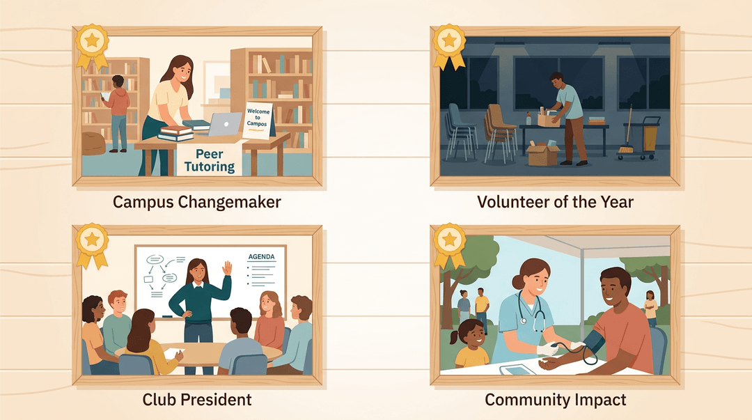 A wooden recognition wall displays four framed scenes of student leadership, including tutoring, volunteering, club leading, and community health service.