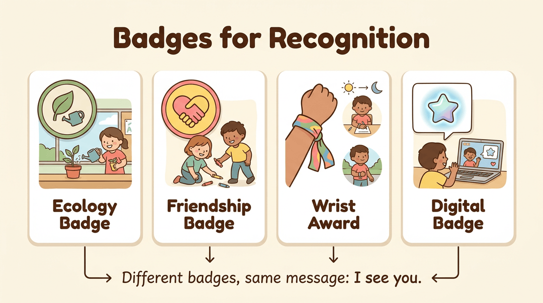 Infographic showing four badge types: ecology, friendship, wrist award, and digital badges, with the message 'I see you'.