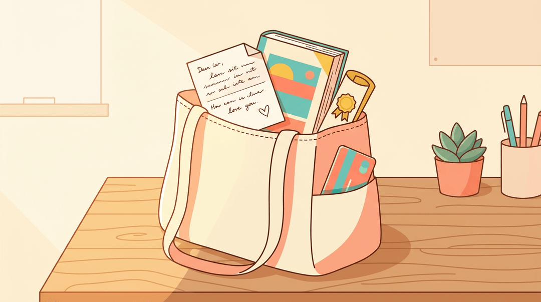 Canvas tote bag on a desk holds a book, note with heart doodle, certificate, and gift card.