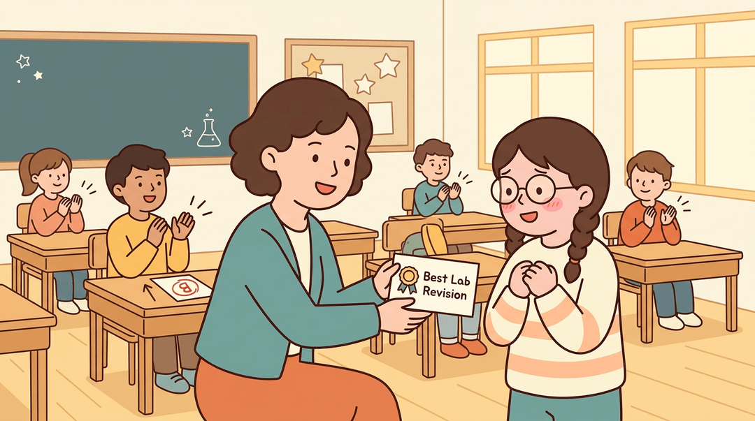 Teacher hands a 'Best Lab Revision' certificate to a shy student while classmates clap, celebrating academic growth.