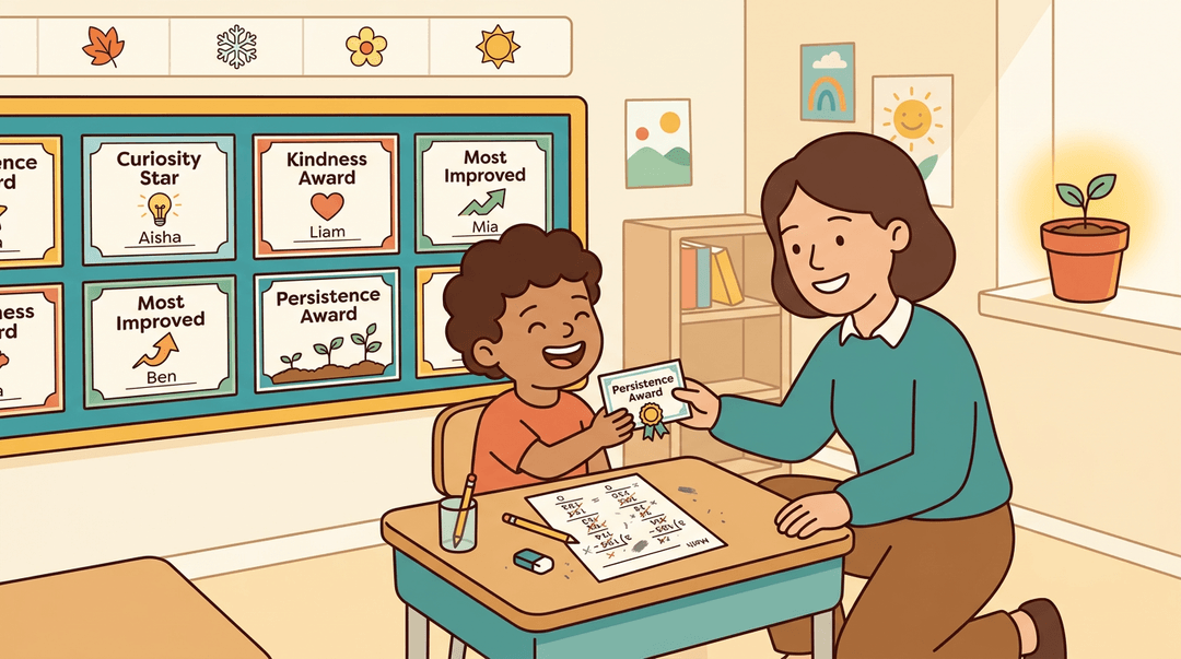 A teacher gives a boy a persistence award in a cozy classroom with a bulletin board showing various student achievements.