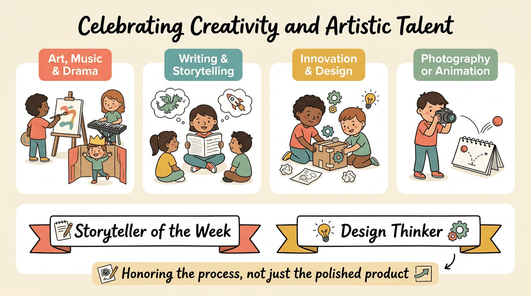 Illustration showing four student activities and two award ribbons with a caption valuing the creative process.