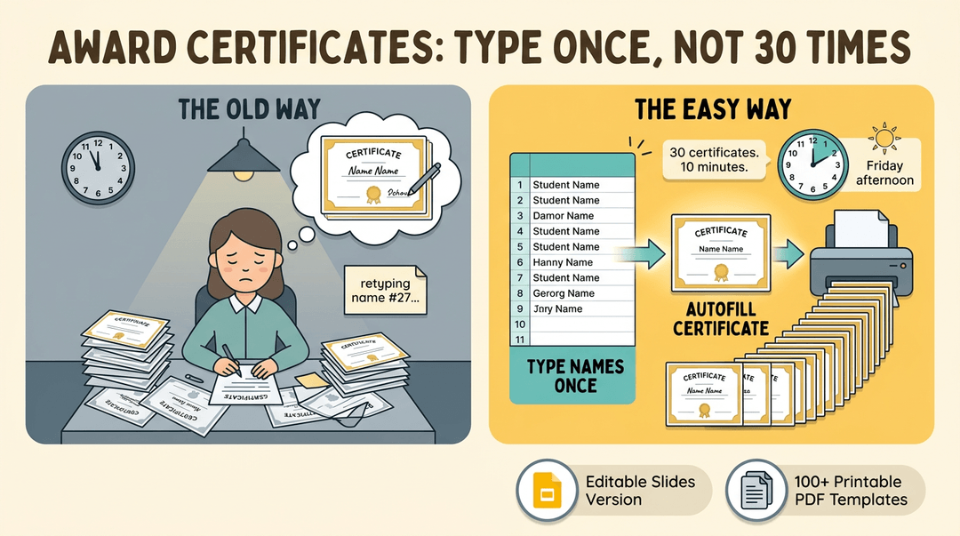 Comparison showing manual certificate typing versus automated autofill, highlighting the time saved by batch printing.