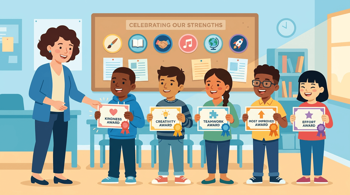 Teacher hands diverse students unique awards like kindness and creativity certificates in a bright, inclusive classroom.