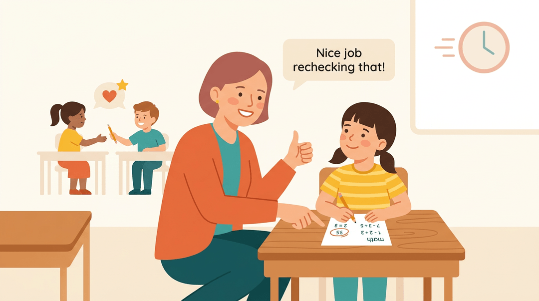 A teacher gives a thumbs-up to a student for rechecking math work, while another student shares a pencil in the background.
