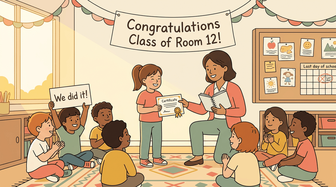 Teacher hands a certificate to a smiling student in a cozy classroom while diverse classmates watch and clap.