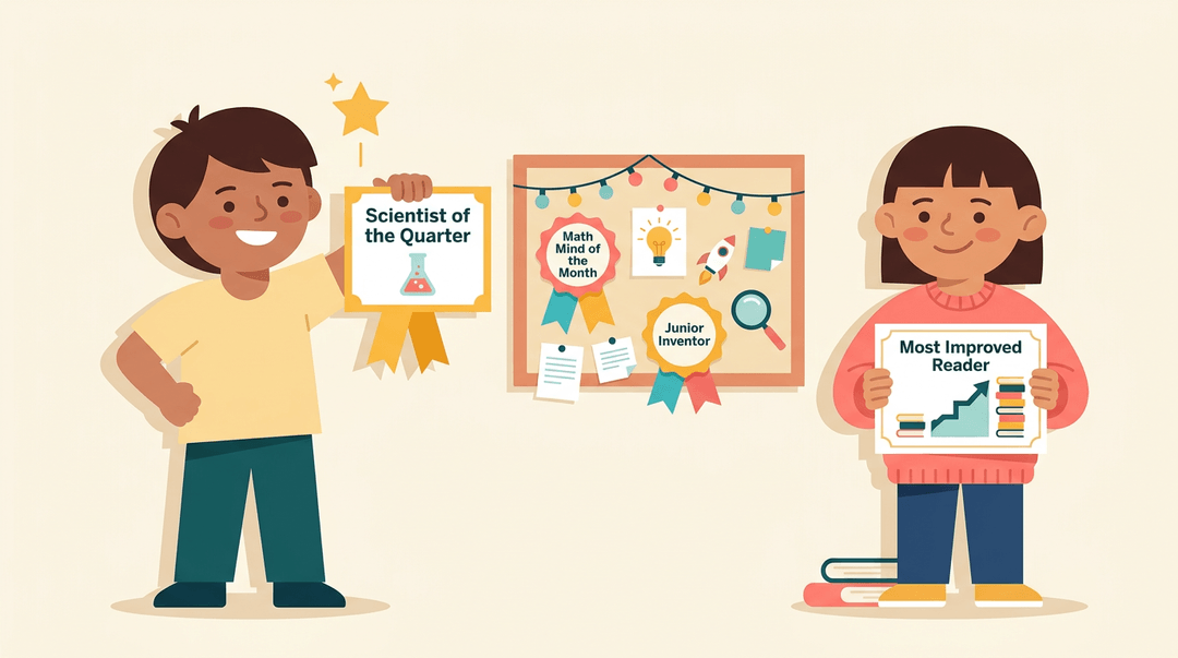 Two students celebrate equal achievements with certificates for scientific mastery and reading growth on a decorated classroom board.