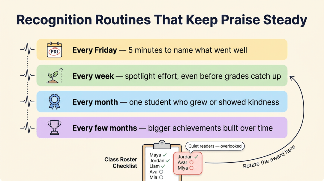 A chart shows weekly, monthly, and quarterly recognition routines alongside a roster checklist to ensure every student is acknowledged.