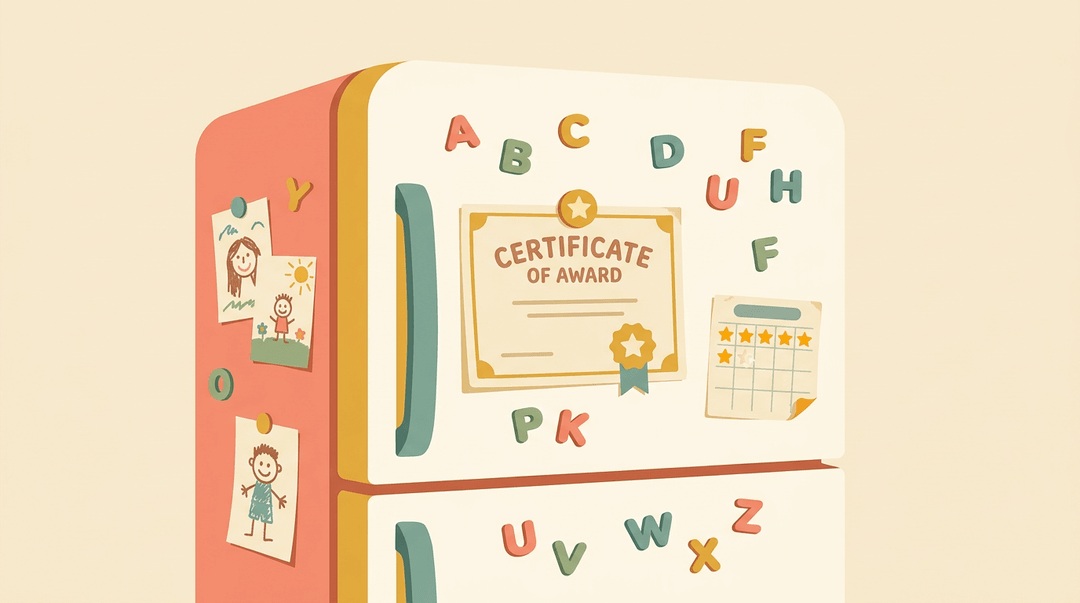 A cream fridge door displays colorful magnets, a peeling sticker chart, and a yellowed certificate of award with a gold star.
