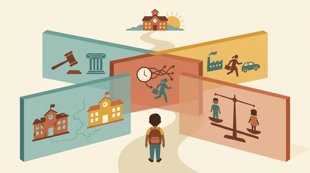 A child with a backpack faces four translucent walls representing systemic barriers on the path to school.
