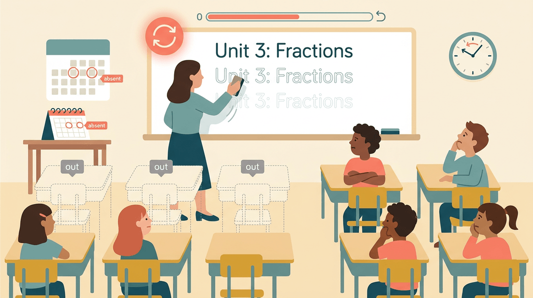 A teacher erases a lesson repeatedly while students look bored and empty desks sit nearby, showing lost instructional time.