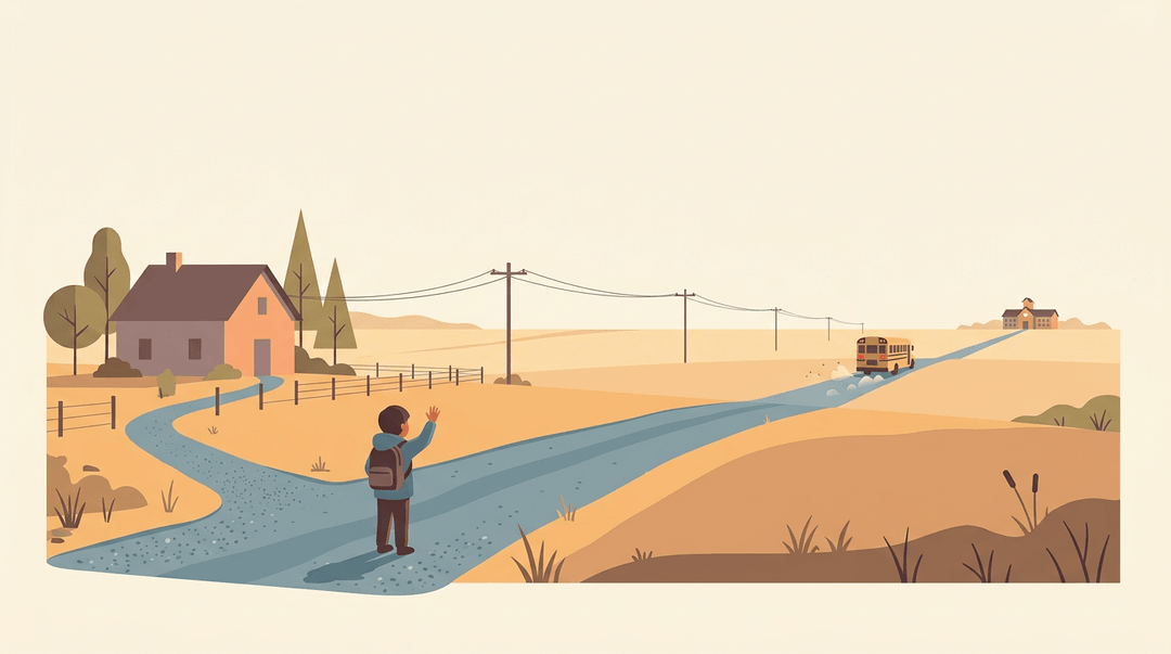 A child watches a school bus drive away down a long, empty rural road.