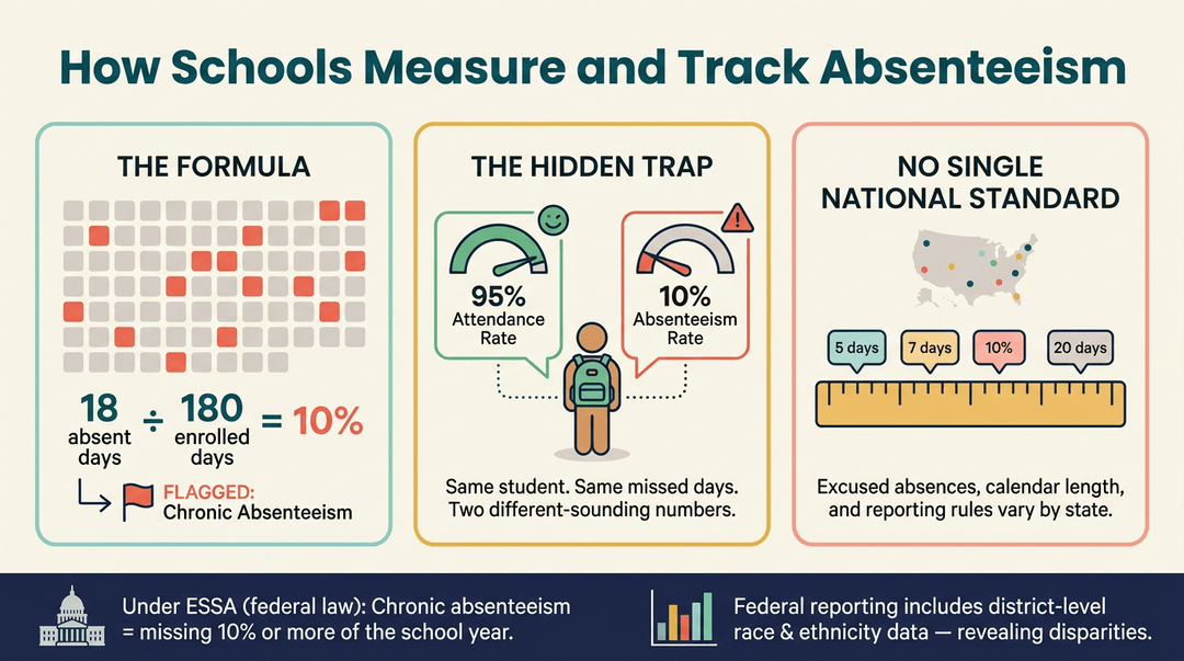 Infographic explaining chronic absenteeism metrics, contrasting attendance rates with federal ESSA standards and state variations.