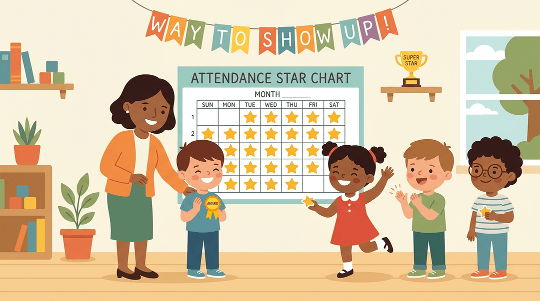 A teacher awards a ribbon to a student in front of an attendance chart covered in gold stars, celebrating consistent school presence.