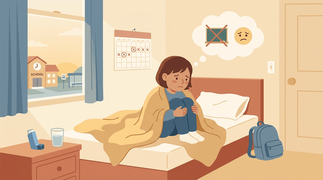 A tired child sits on a bed with an inhaler nearby, surrounded by symbols of anxiety and missed school days.
