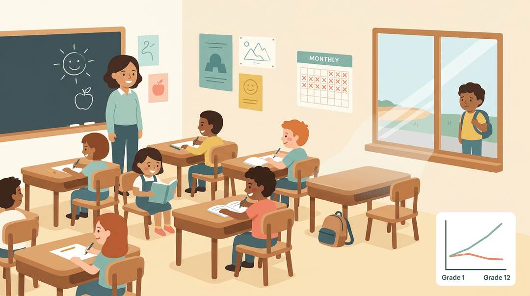 A classroom scene showing an empty desk and a calendar with many red Xs, illustrating student absence and widening achievement gaps.