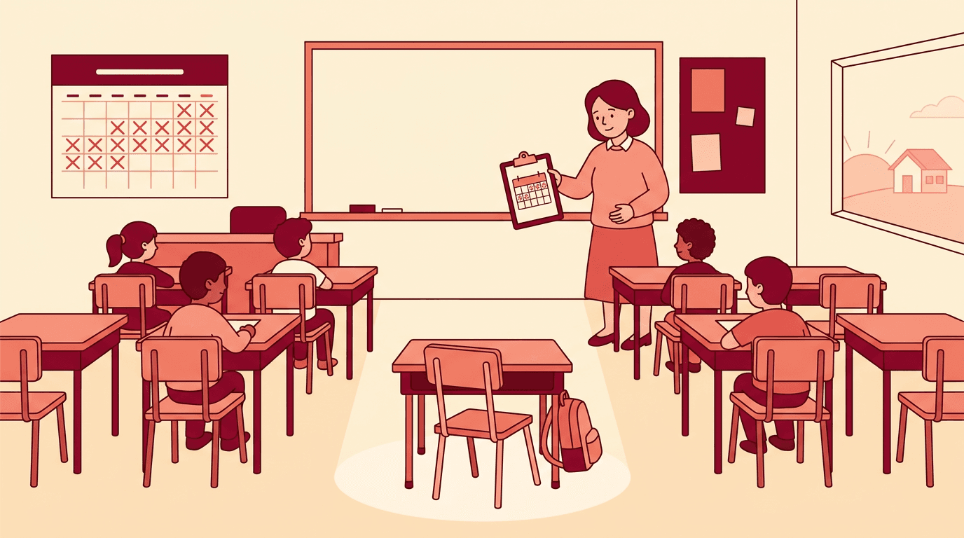 A teacher looks at an empty desk with a backpack, while a calendar shows many missed days marked in red.