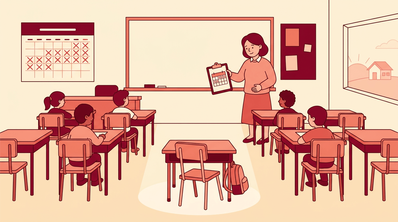 A teacher looks at an empty desk with a backpack, while a calendar shows many missed days marked in red.