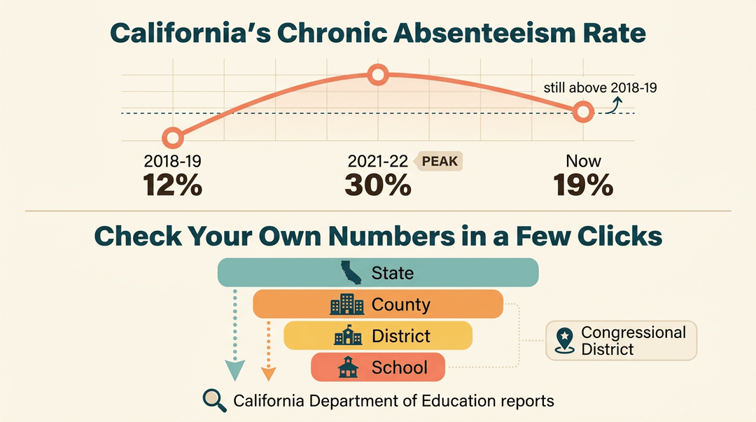 Infographic showing CA absenteeism peaked at 30% in 2021, now 19%, and tools to drill down from state to school data.