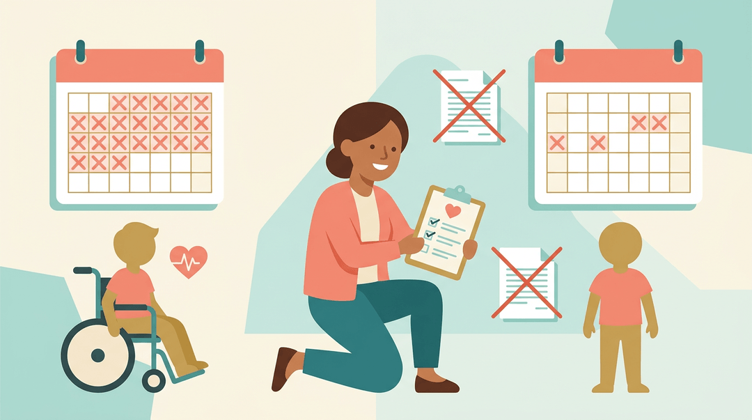 A teacher kneels between calendars showing different absence rates for a student with a disability and a peer, holding an individualized plan.