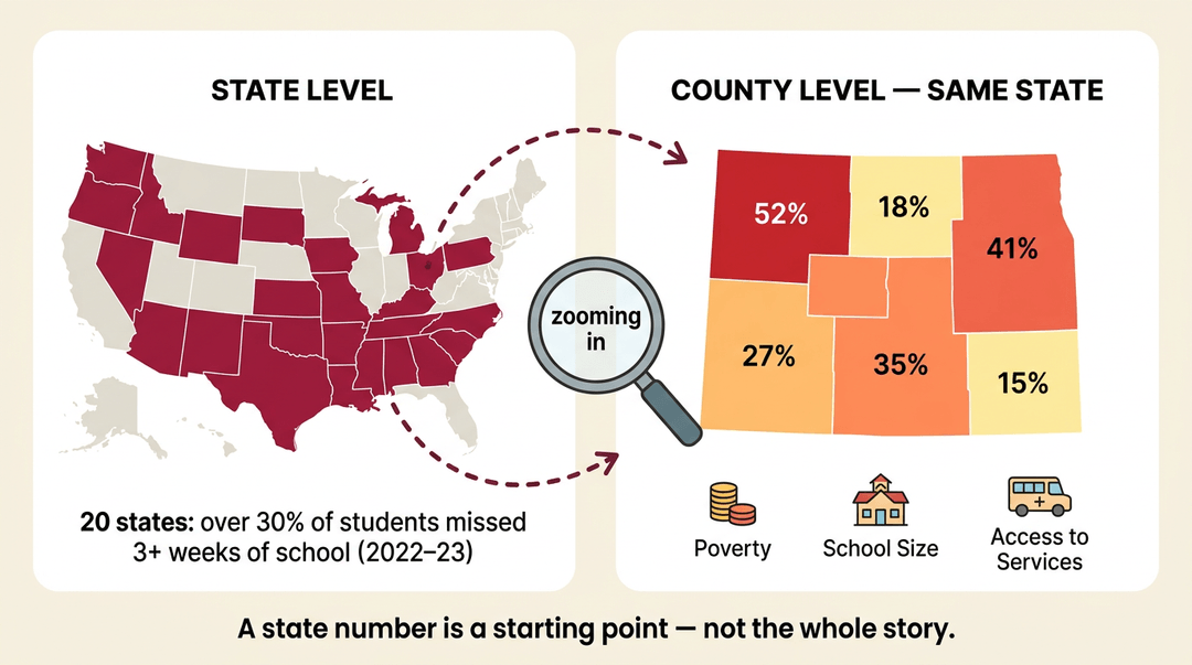 Infographic zooming from US states to county data, showing poverty and access drivers behind school absences.