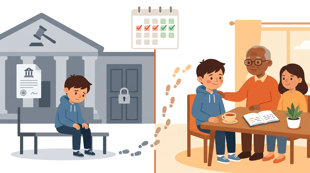 A split illustration contrasting a punitive school exclusion with supportive home mentoring, showing a shift toward positive attendance.