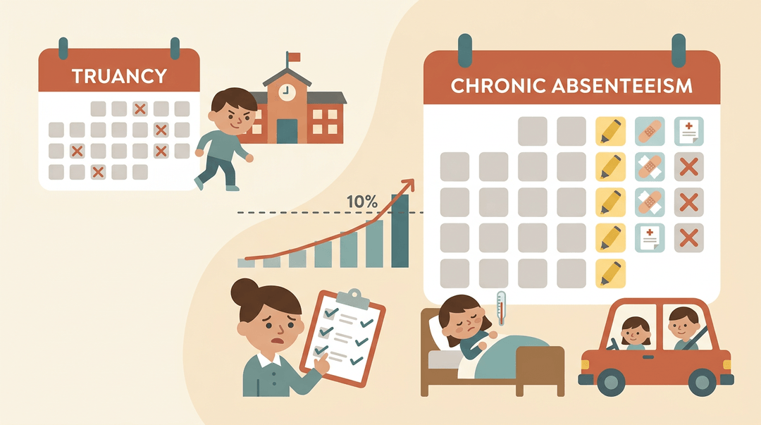 Infographic contrasting truancy with chronic absenteeism, showing how daily checkmarks hide a rising absence pattern exceeding 10%.