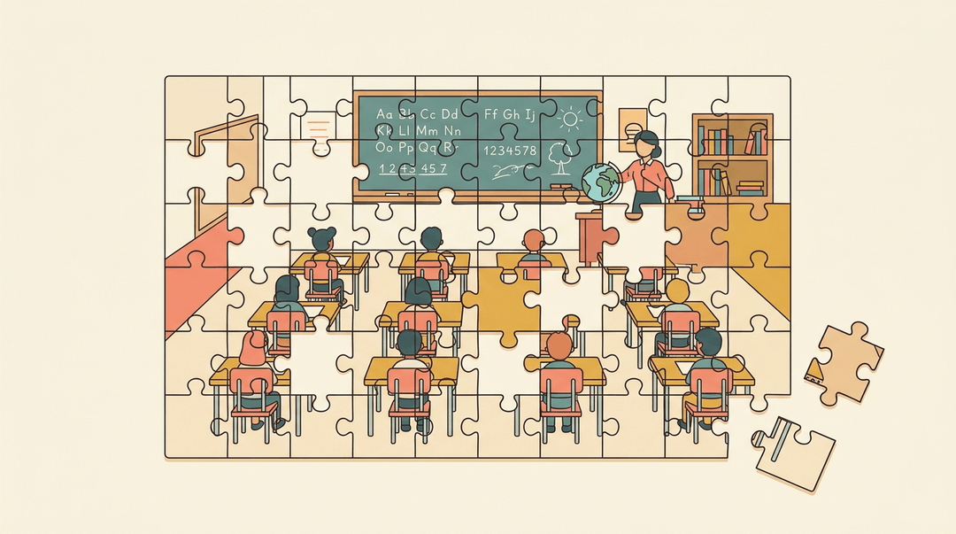 A flat vector puzzle of a classroom with missing pieces revealing empty gaps, symbolizing absent students.