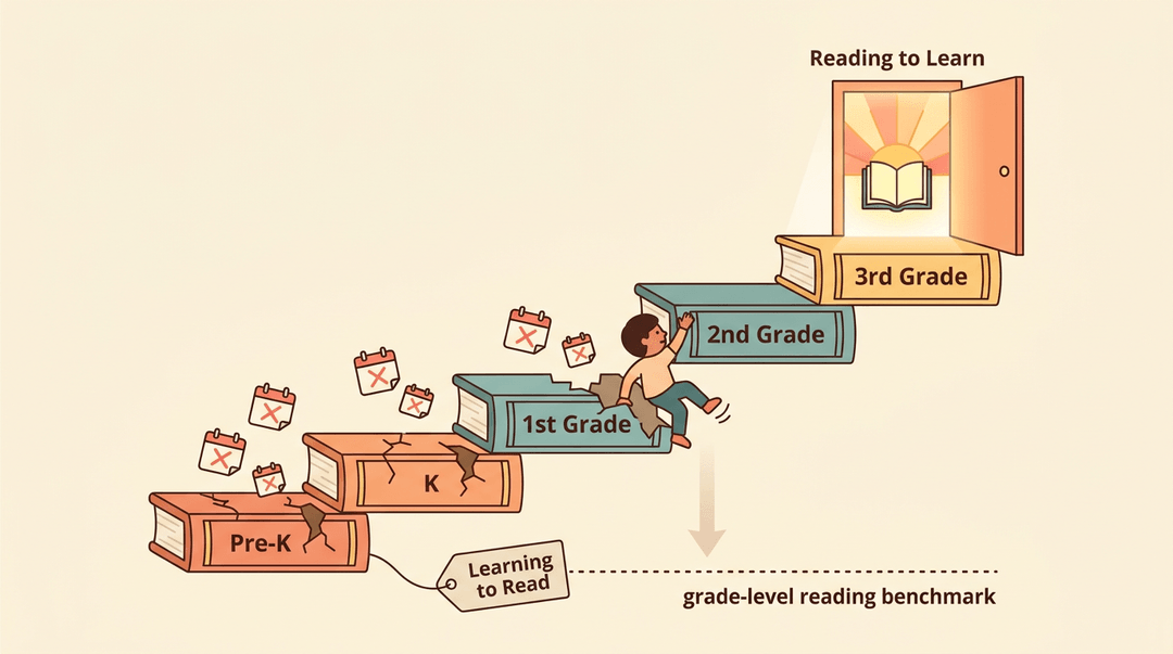 A child slips on broken book steps labeled Pre-K to 2nd Grade, unable to reach the bright 'Reading to Learn' doorway at the top.