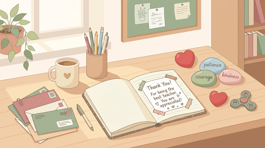 A cozy teacher's desk features a journal, stones reading patience courage kindness, fidget toys, and pencils in soft cream and sage tones.