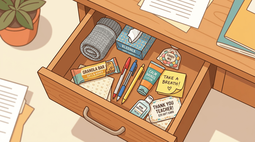 An open desk drawer filled with teacher survival items like pens, tissues, snacks, and lotion on a warm wooden background.