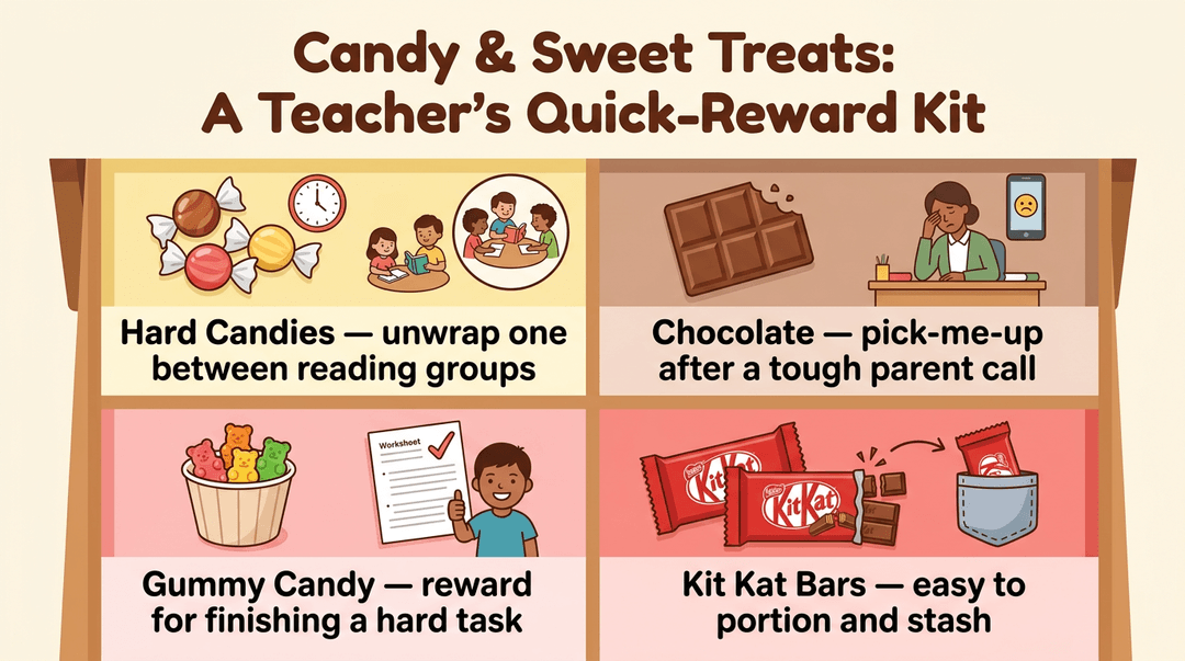 Infographic showing a desk drawer with four compartments of candy rewards for specific teacher scenarios.