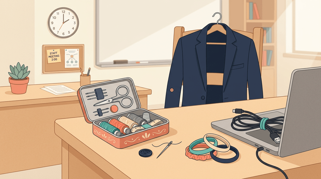 A tidy desk features a sewing kit and hair ties, with a blazer in the background showing a missing button.