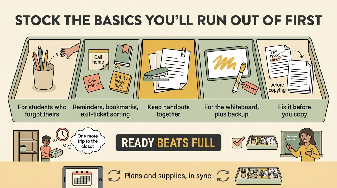Infographic showing five essential classroom supplies in a tray to keep teachers ready and minimize closet trips.