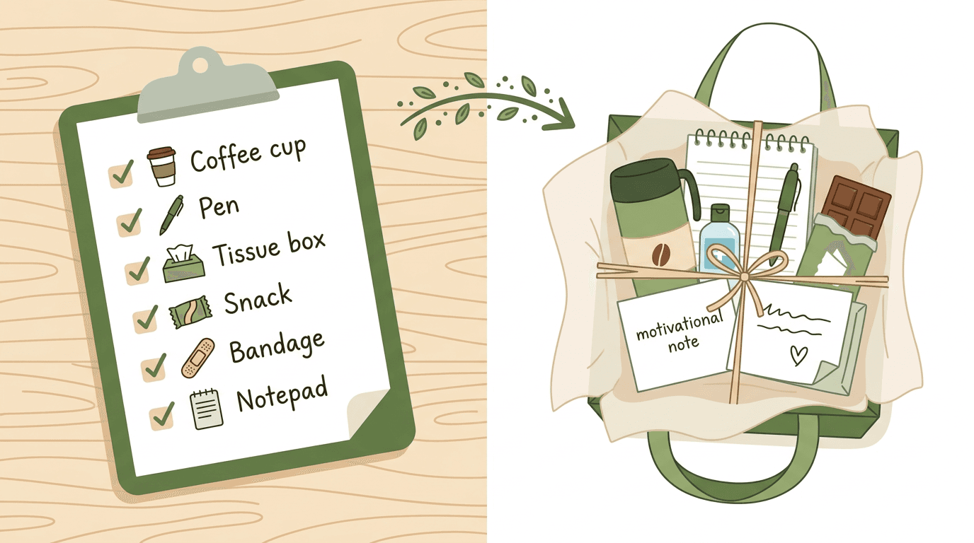 A flat illustration shows a teacher's checklist transforming into a neatly packed self-care tote bag with coffee, snacks, and supplies.