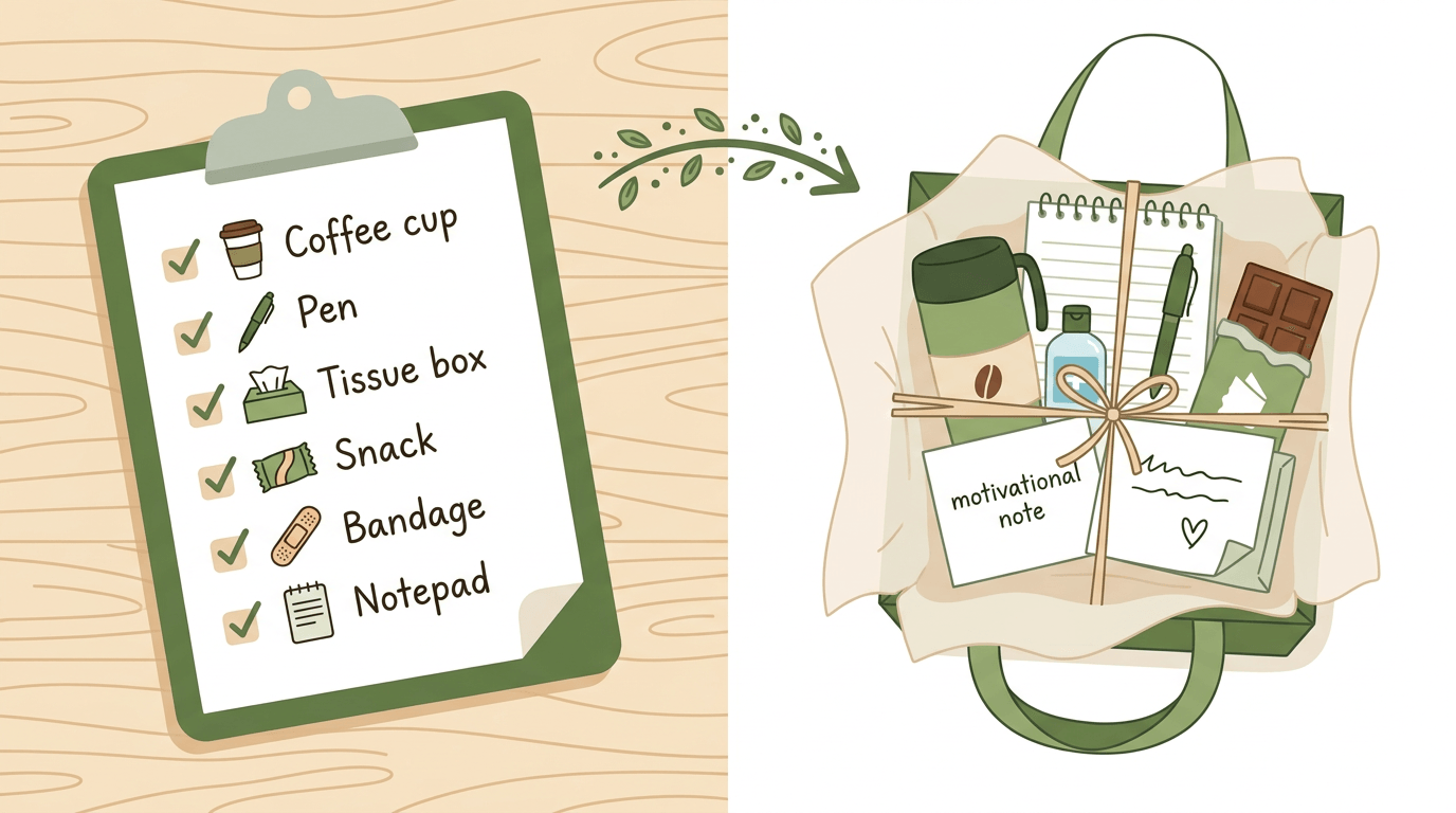A flat illustration shows a teacher's checklist transforming into a neatly packed self-care tote bag with coffee, snacks, and supplies.